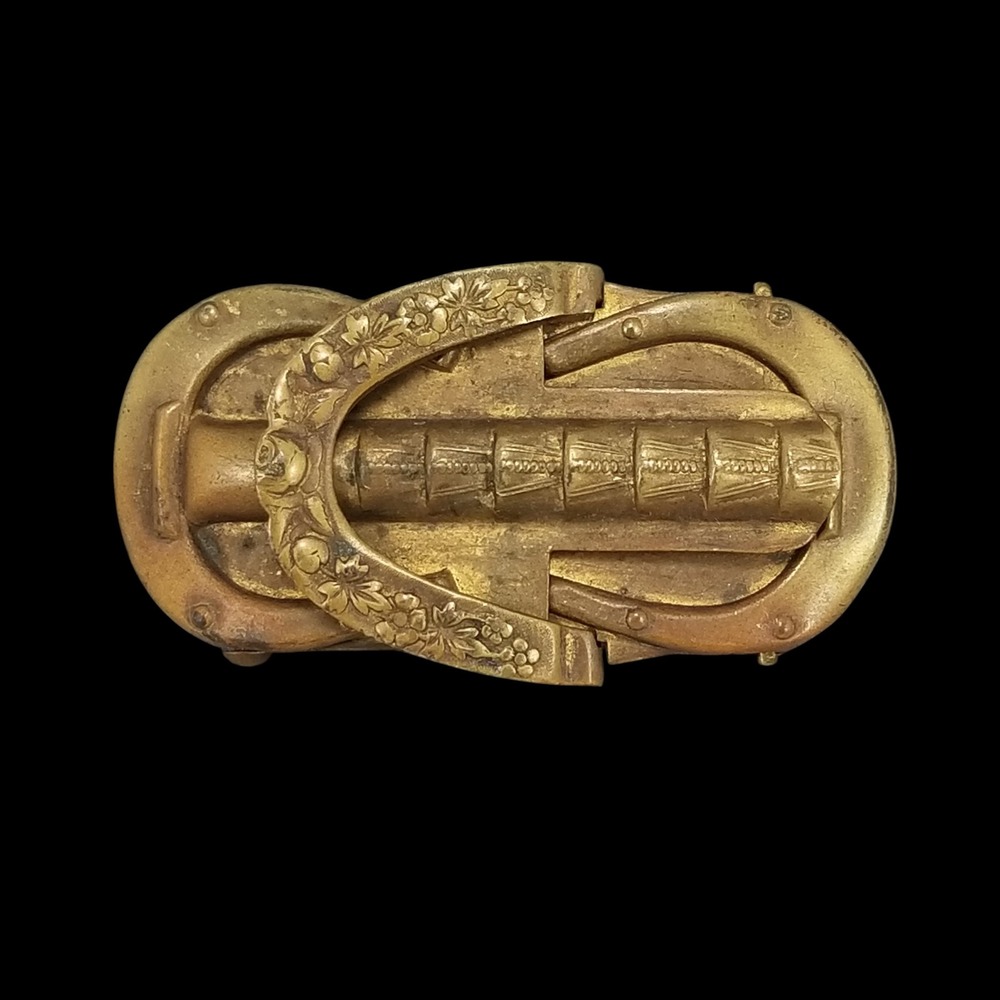 Antique Victorian Brass Horseshoe Floral Belt Buckle 2‎ Piece Pat 1900 Gold Tone
